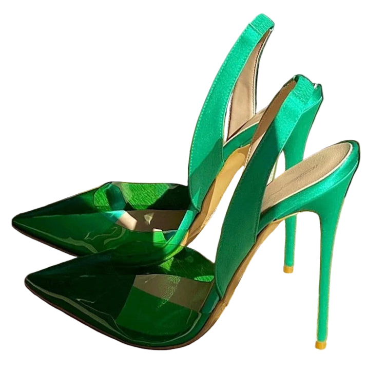 TEEK - Surkova Orange Green Transparent PVC High Heel Shoes Elegant Satin Cloth Slingback Wedding Pumps Pointed Toe 12cm 10cm 8cm Heels SHOES TEEK green 5.5