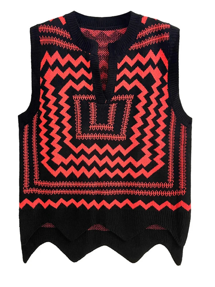 TEEK - Patterned Knitted V-Neck Sleeveless Sweater TOPS theteekdotcom Red One Size 