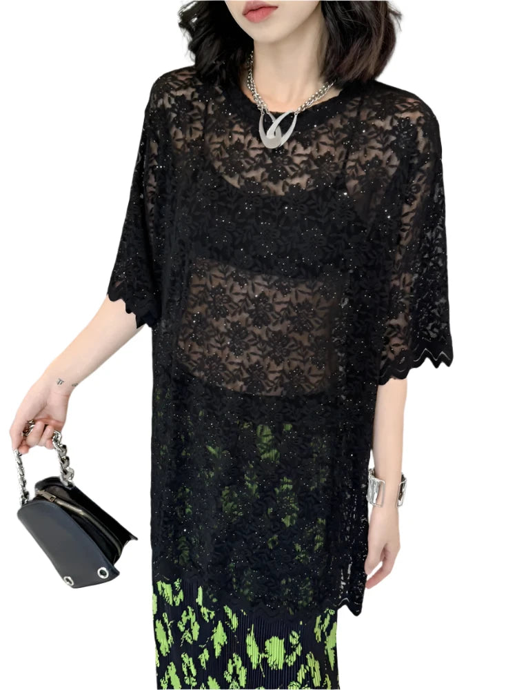 TEEK - Black Lace Perspective Lace Short Sleeve Top TOPS theteekdotcom   