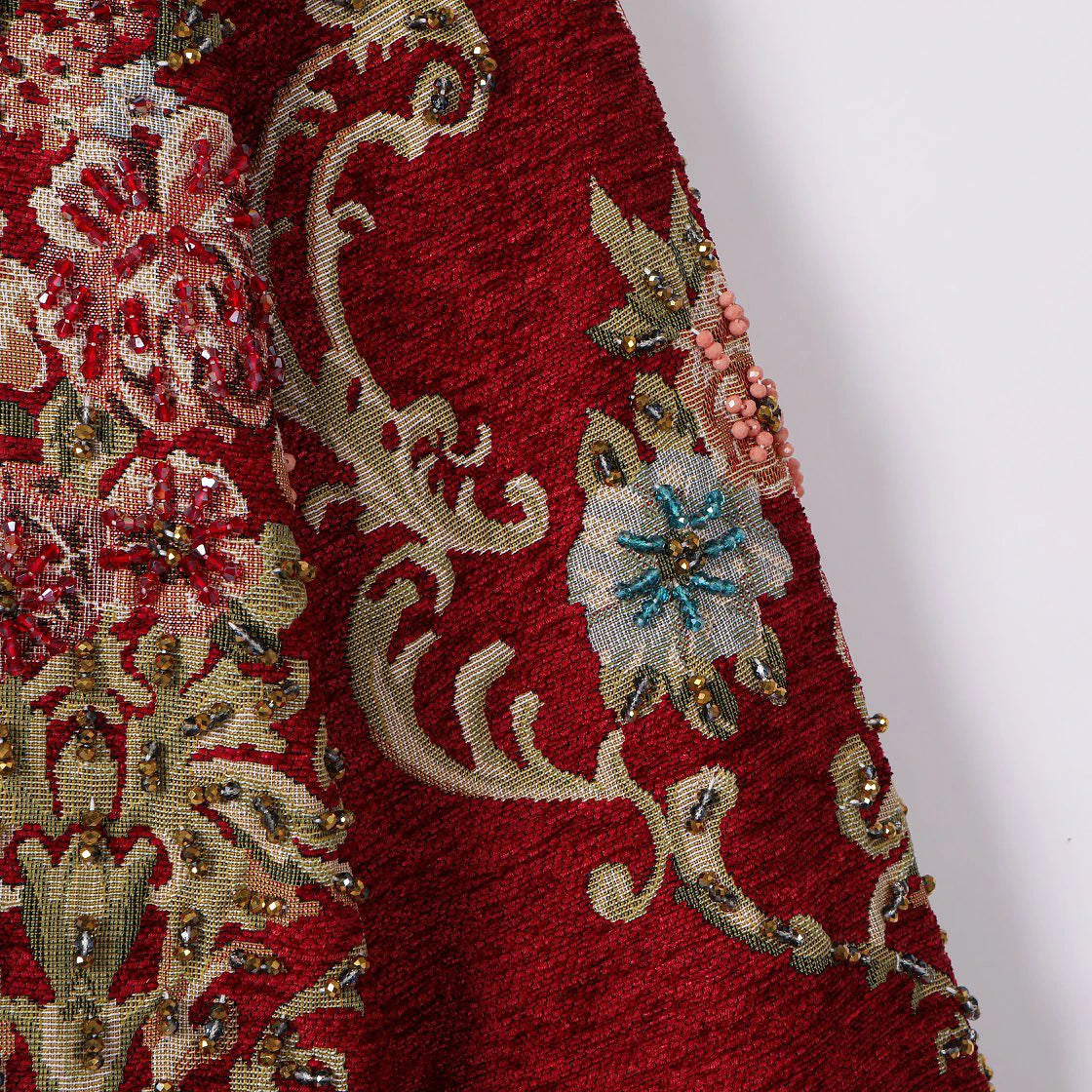 TEEK - Red Jacquard Beaded Embroidery Bomber Jacket