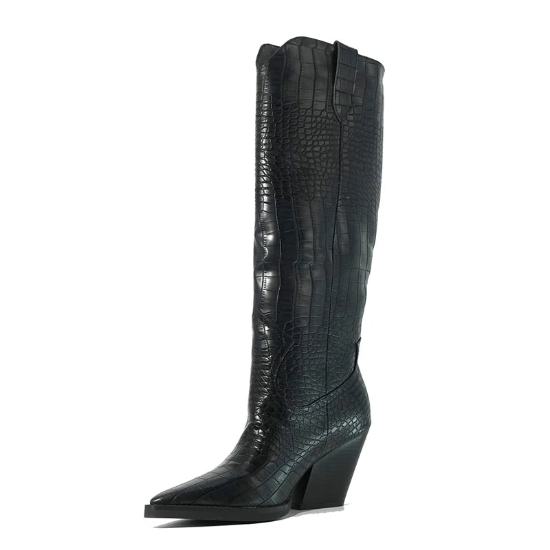 TEEK - Pointed Thick Heeled Oversized Knee High Western Boots SHOES theteekdotcom black 5.5