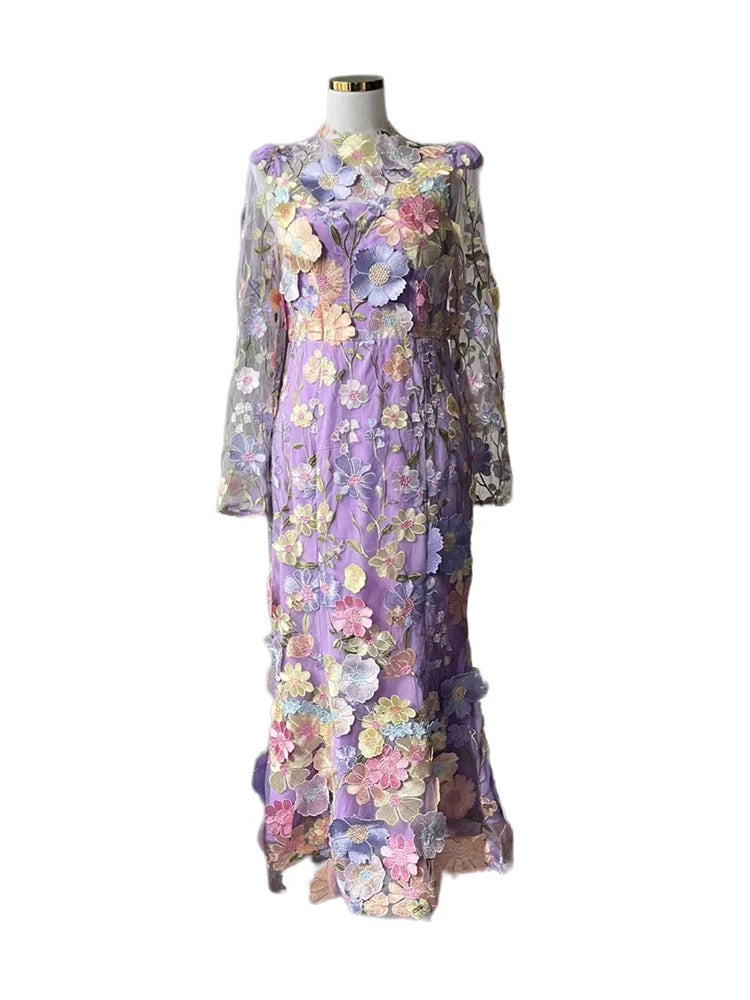 TEEK - Colorblock Floral Appliques Midi Dress DRESS theteekdotcom PURPLE S 