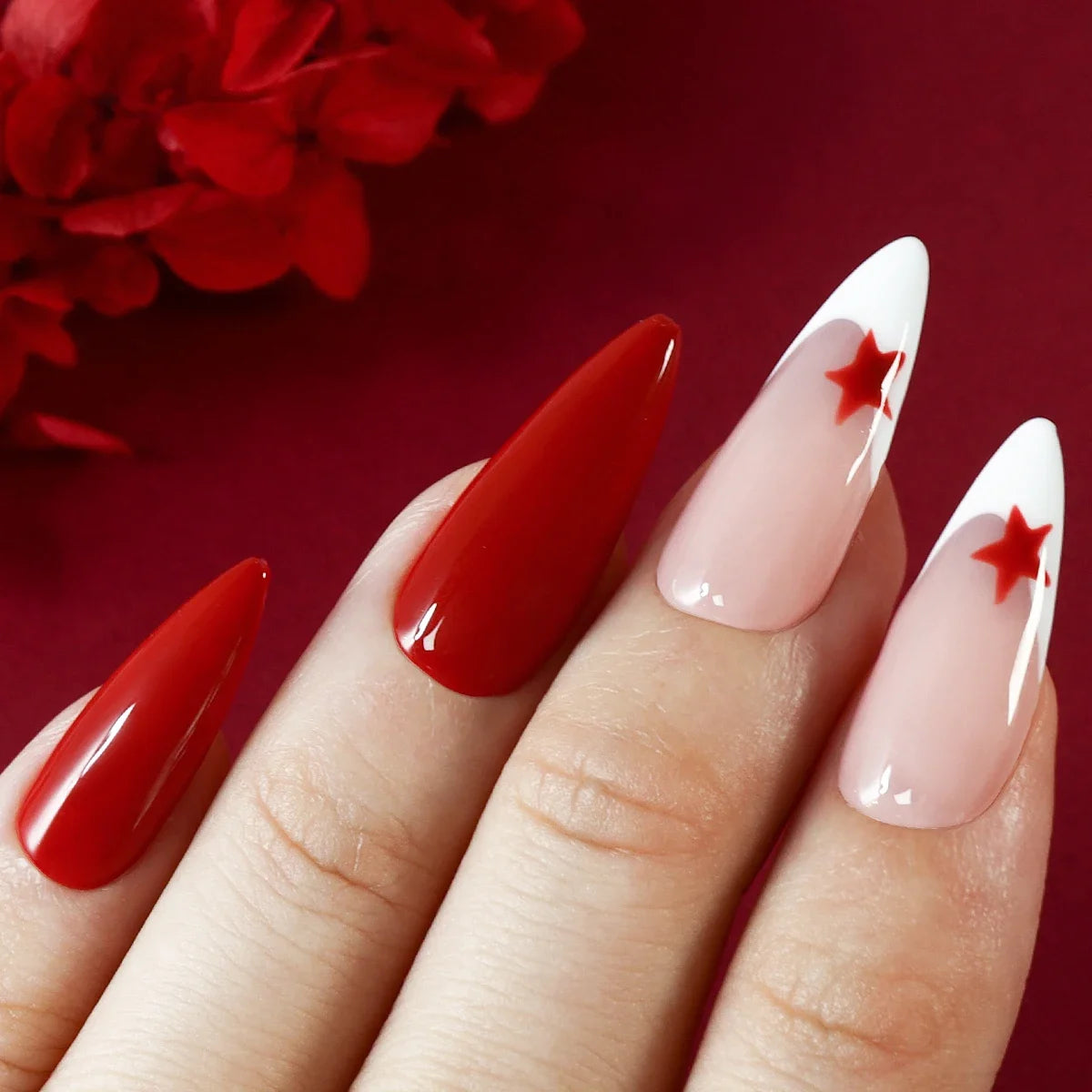 TEEK - 10 Red Glossy Hand Painted Star Almond Press On False Nails NAIL ART theteekdotcom   