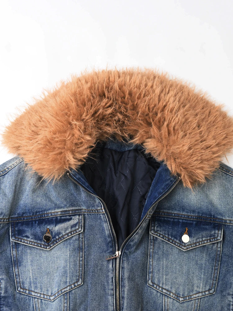 TEEK - Blue Denim Cotton Padded Fluff Lapel Jacket JACKET theteekdotcom   