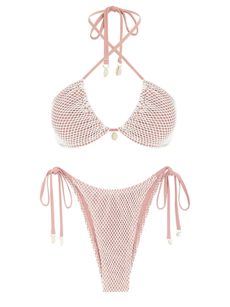 TEEK - Multiway Contrast Fishnet Bikini SWIMWEAR theteekdotcom Light Pink S 
