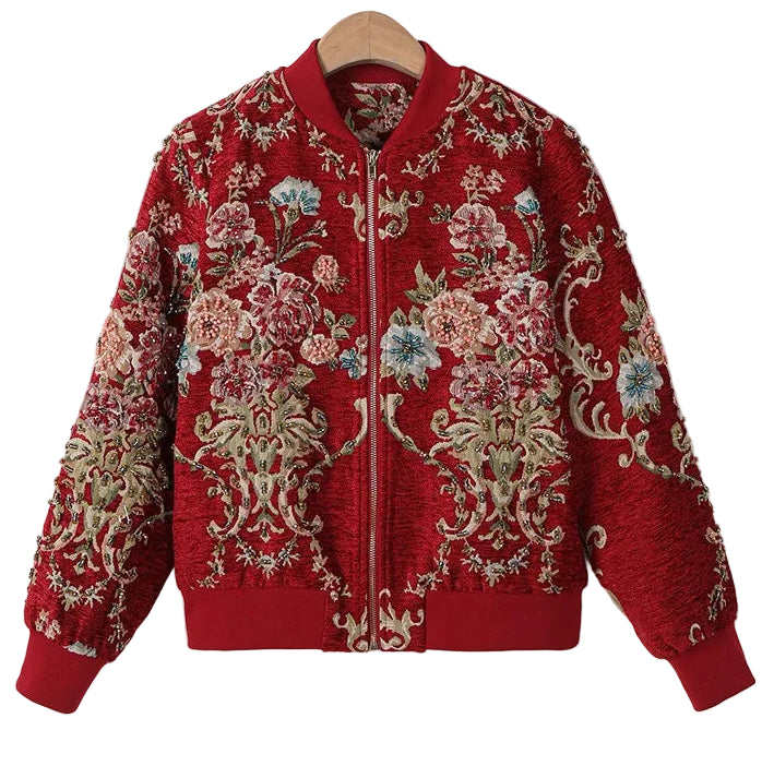 Red floral embroidered jacket on a white background