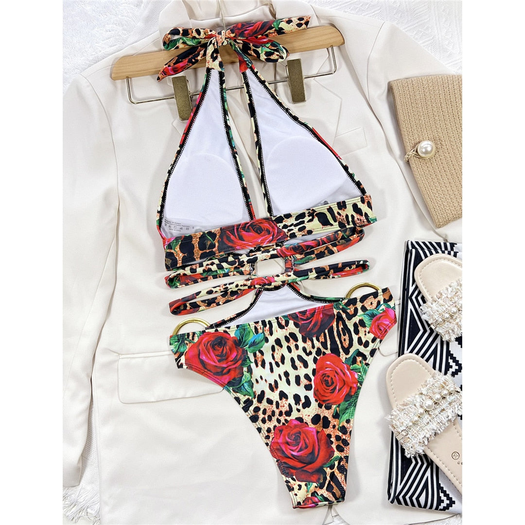 TEEK - Leopard Floral Metal Ring Swimsuit SWIMWEAR theteekdotcom   