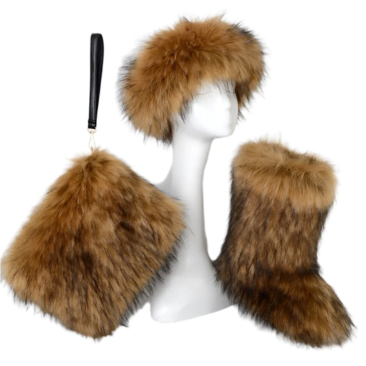 TEEK - Faux Fox Fur Snow Boots Velvet Headband Handbag Set SET theteekdotcom Brown Mix 6.5 