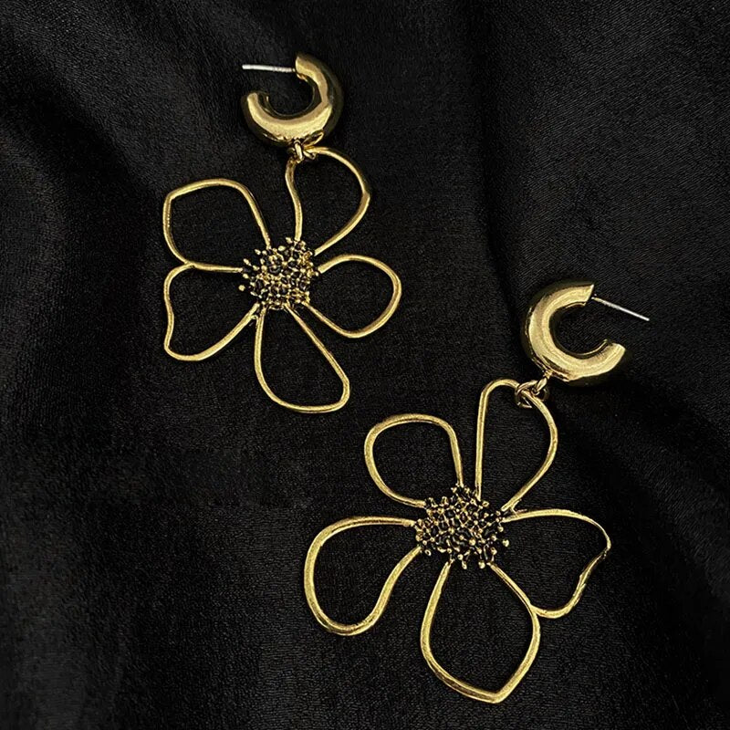 TEEK - Metal Flower Oversized Dangle Earrings JEWELRY theteekdotcom 0070 Gold  