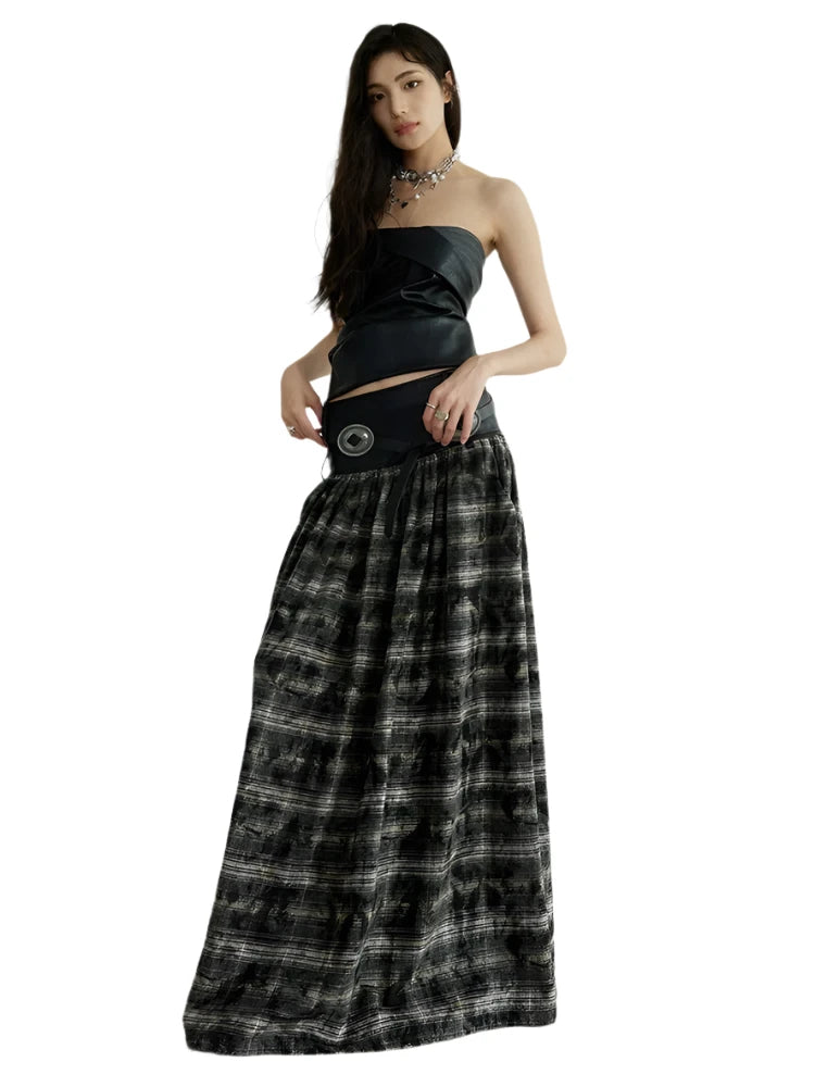 TEEK - Black Leathery Accent Plaid Long Skirt SKIRT theteekdotcom   