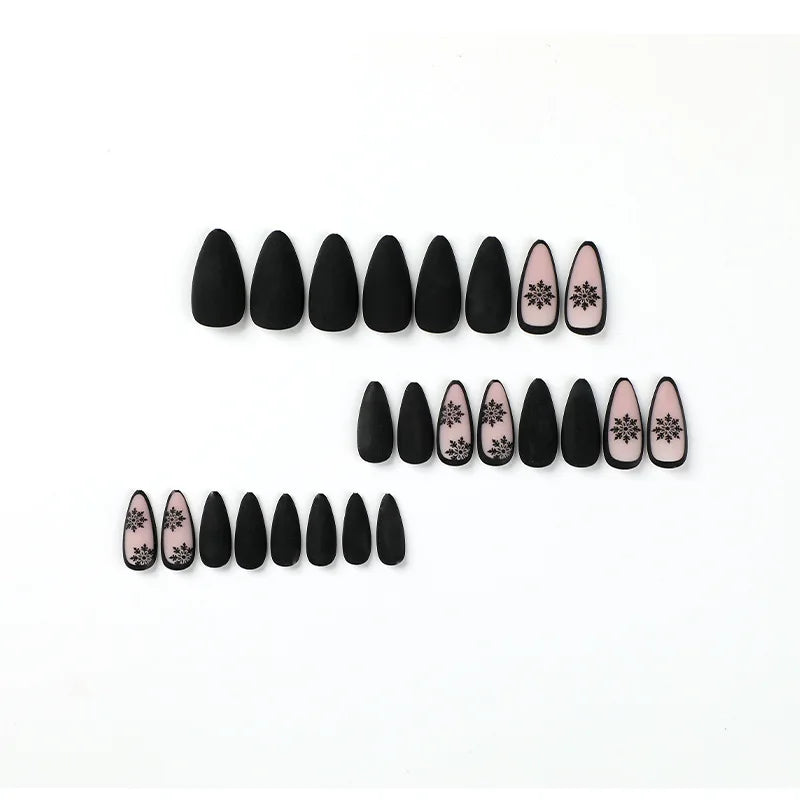 TEEK - 24PC Black Long Frosted Snowflake Nails NAIL ART theteekdotcom   