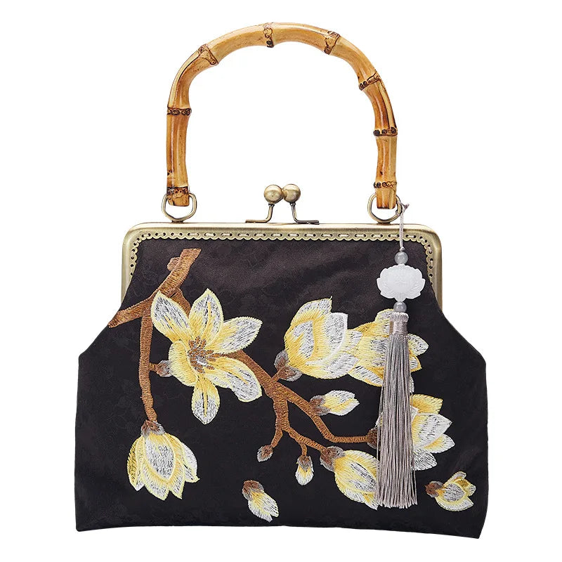 TEEK - Handmade Vintage Satin Floral Clasp Handbag BAG theteekdotcom black  