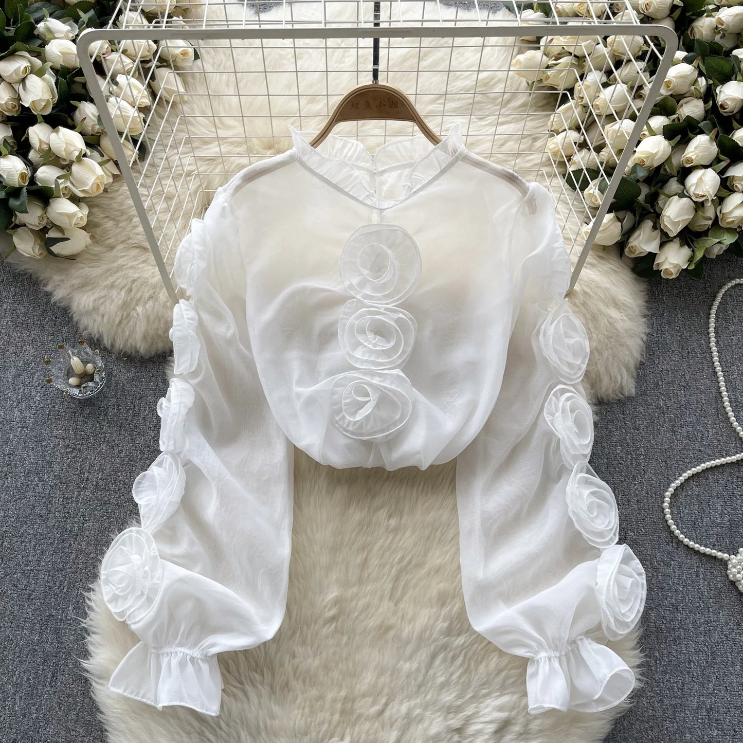 TEEK - 3D Floral Sheer Blouse TOPS theteekdotcom white One Size 