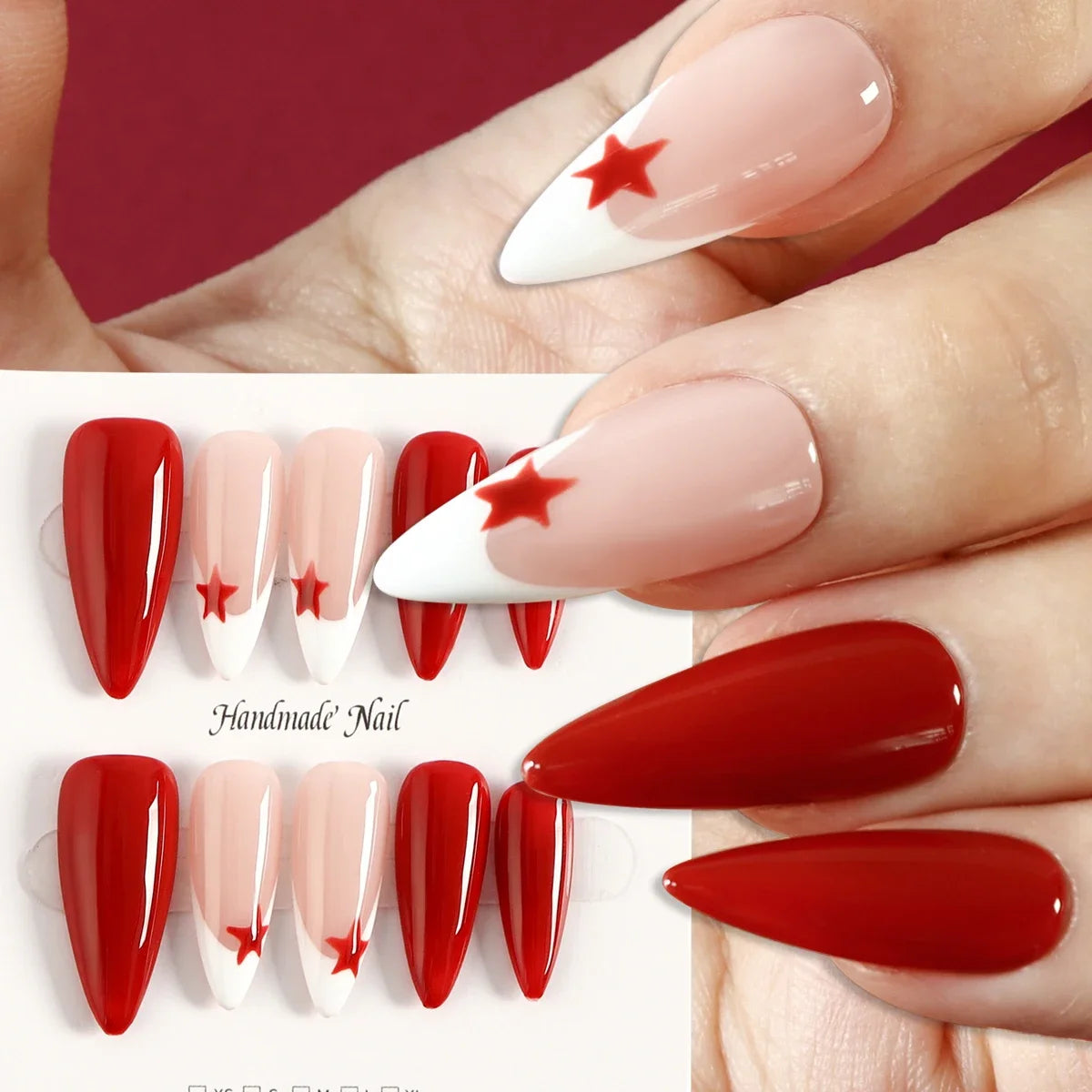 TEEK - 10 Red Glossy Hand Painted Star Almond Press On False Nails NAIL ART theteekdotcom   