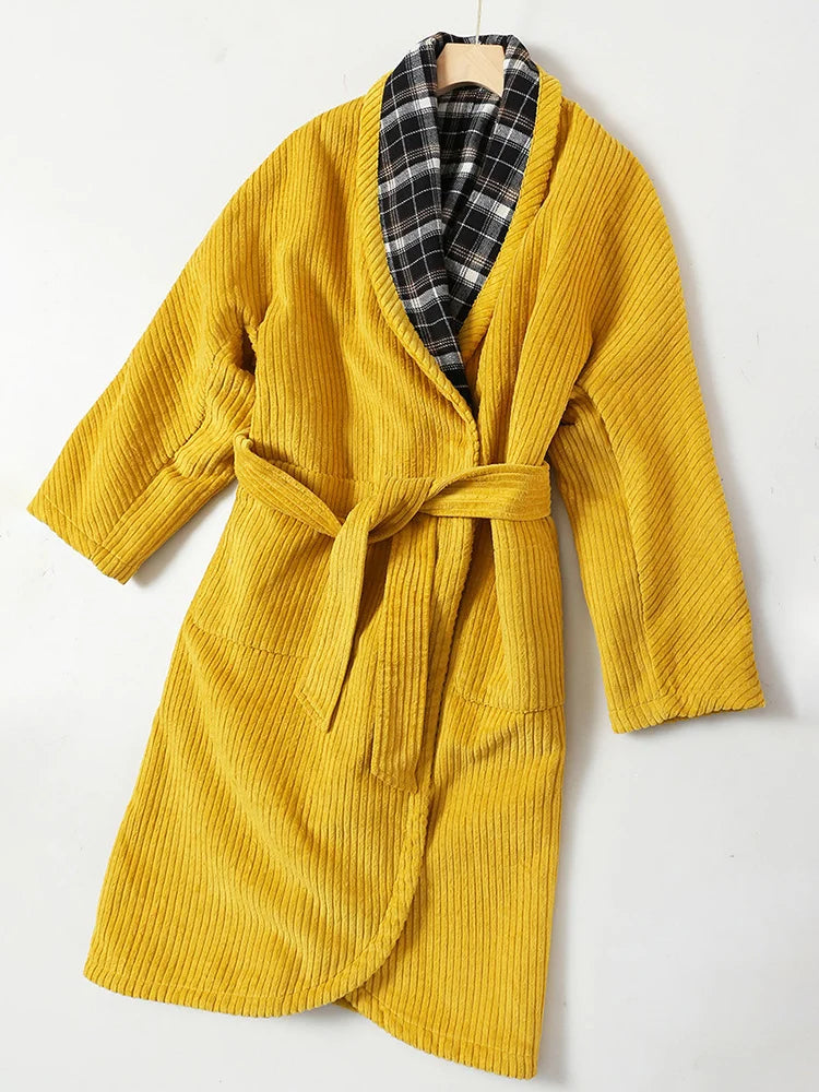 TEEK - Womens Yellow Plaid Belted Reversible Robe ROBE theteekdotcom   