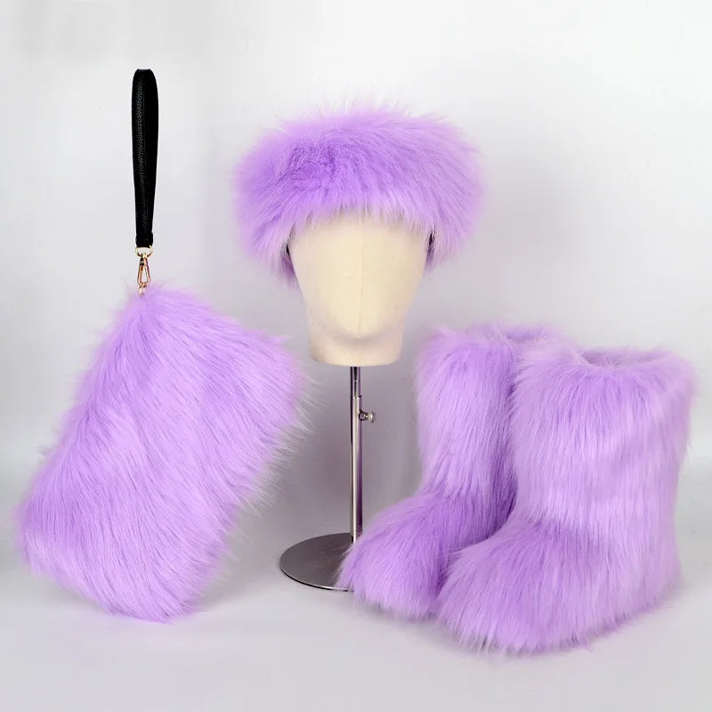 TEEK - Faux Fox Fur Snow Boots Velvet Headband Handbag Set SET theteekdotcom   