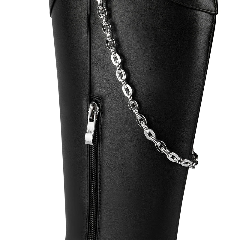 TEEK - Pointed Thick High Heel Chain Buckle Knee High Barrel Boots SHOES theteekdotcom