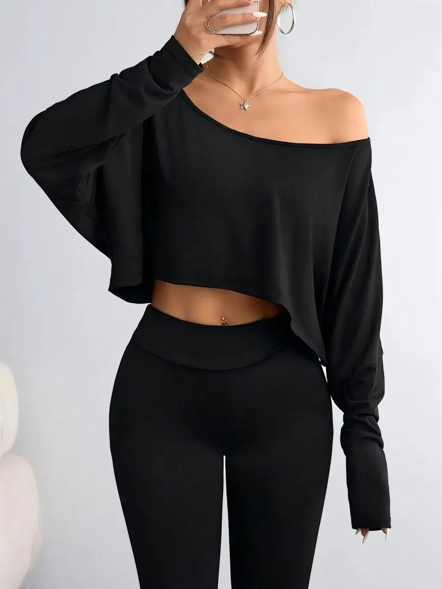 Women'S Black Long Sleeve Blouse T-shirt Casual Asymmetrical Neck Strapless Top for Sporty TEEK black L