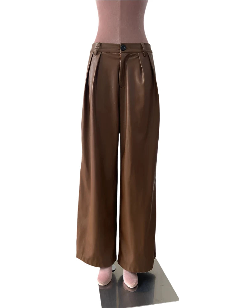 TEEK - Coffee Waterproof Brown Soft Pu Straight Pants PANTS theteekdotcom XS  