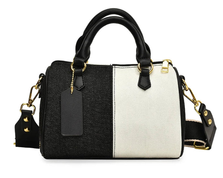 TEEK - Patchwork Colorblock Denim Shoulder Boston Bag BAG TEEK Black And White