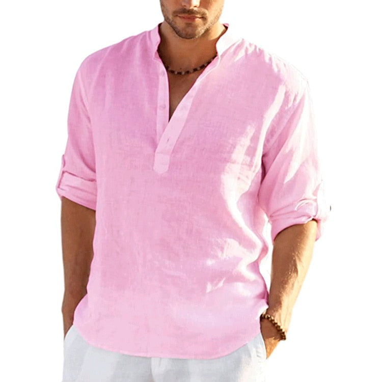 TEEK - Linen Long Sleeve Solid Loose Shirt TOPS theteekdotcom pink US XXS | Label S 