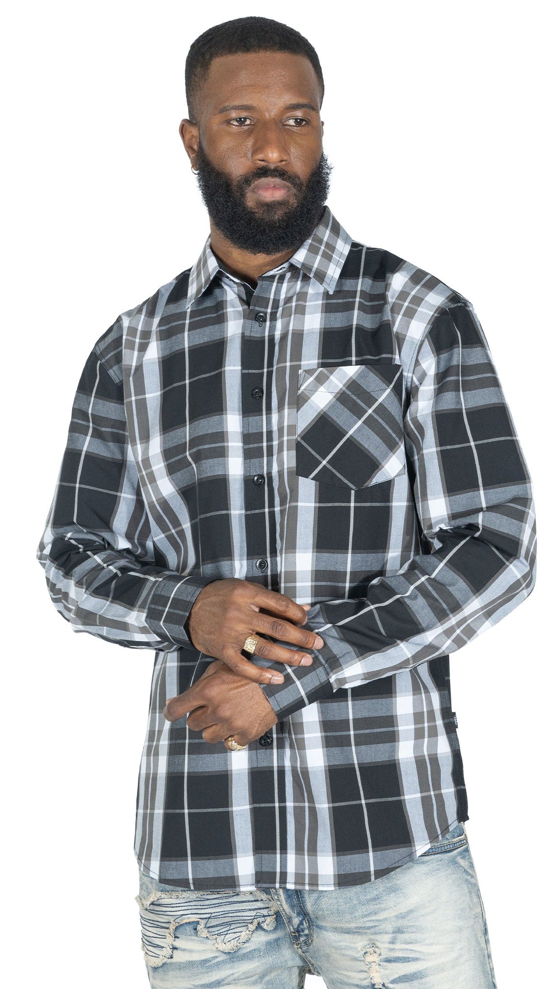 TEEK - V1826 Brandon Long sleeves Plaid Shirt - Black TOPS TEEK MJ