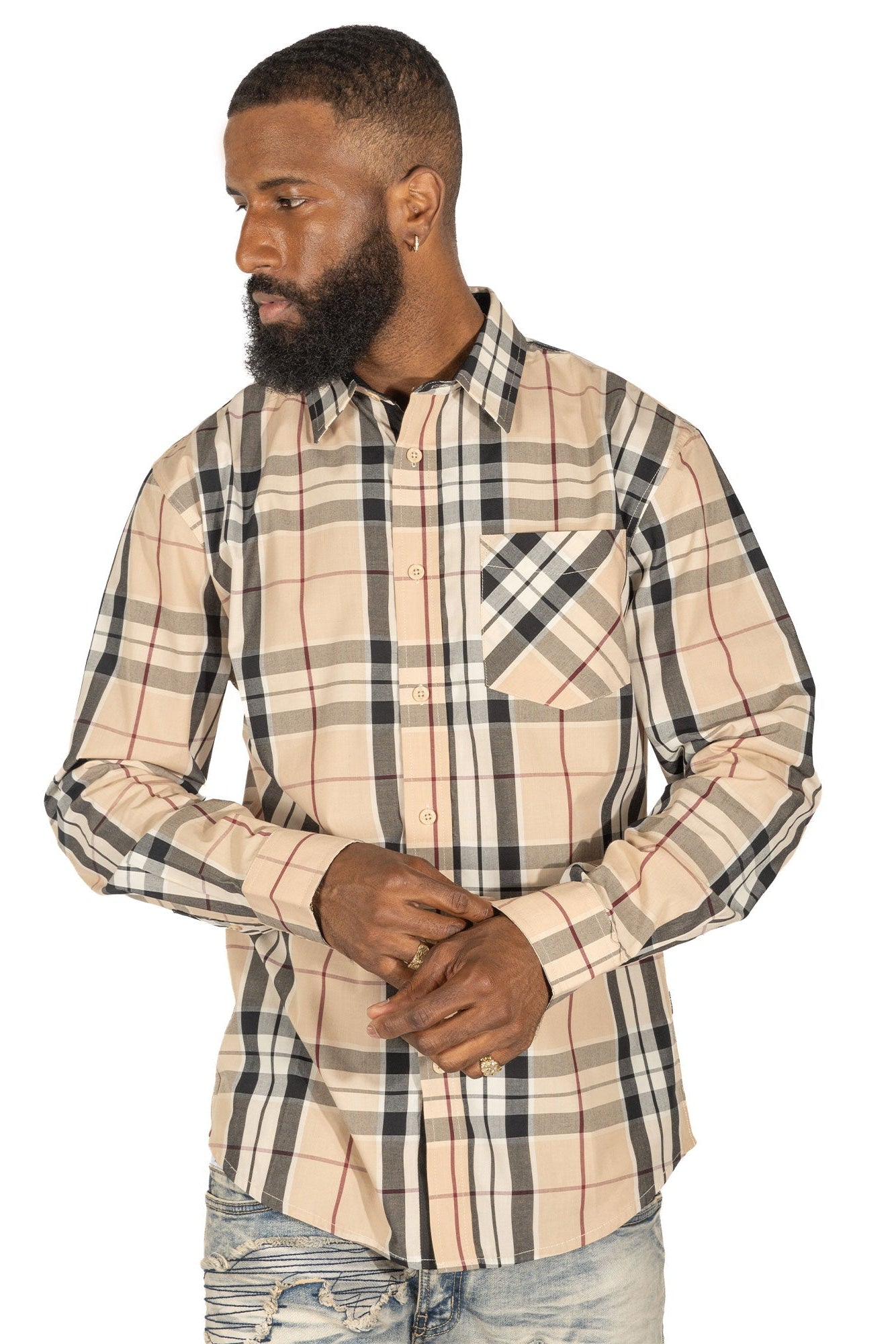 TEEK - V1826 Brandon Long sleeves Plaid Shirt - Khaki TOPS TEEK MJ