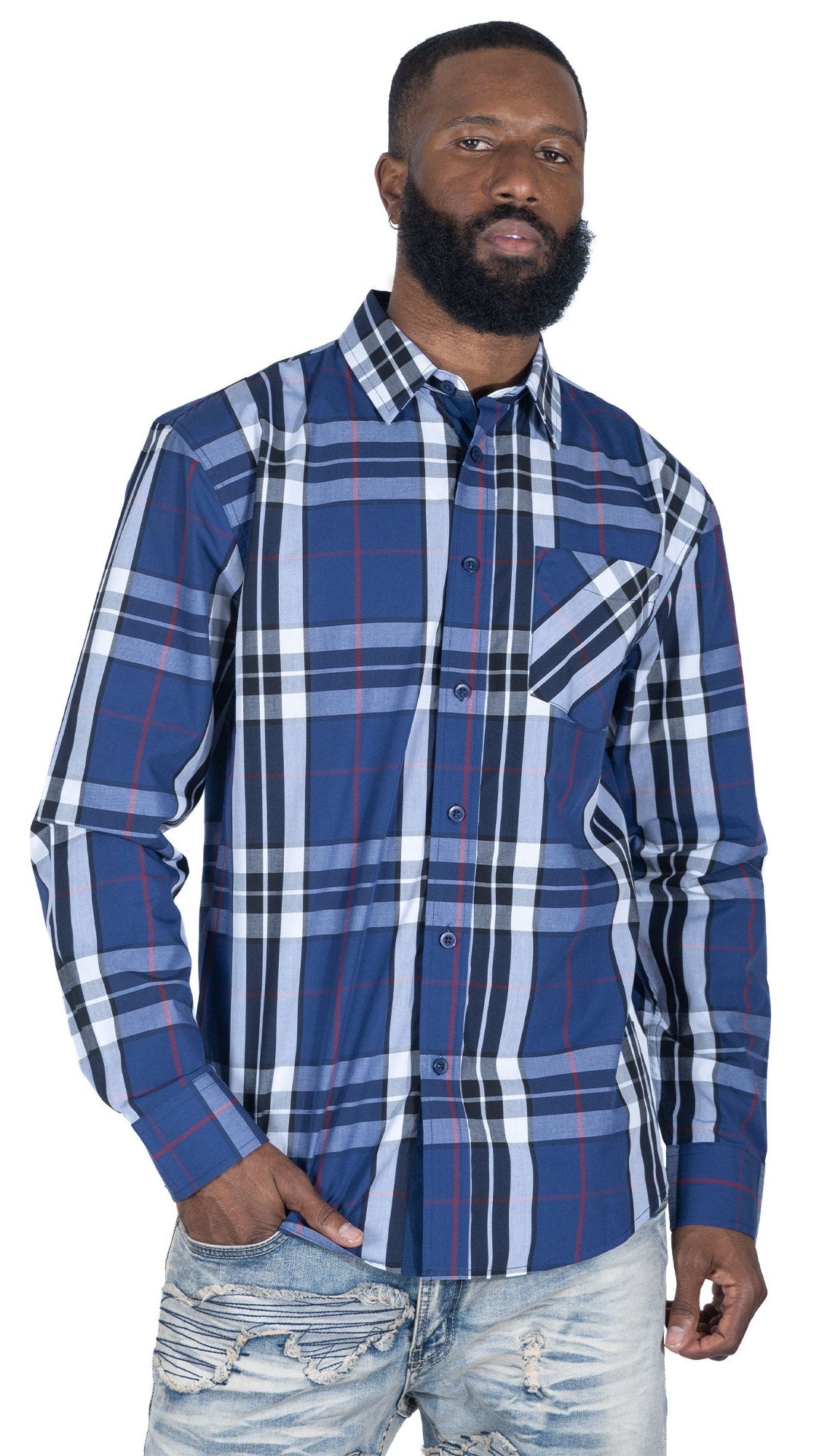 TEEK - V1826 Brandon Long sleeves Plaid Shirt - Navy TOPS TEEK MJ