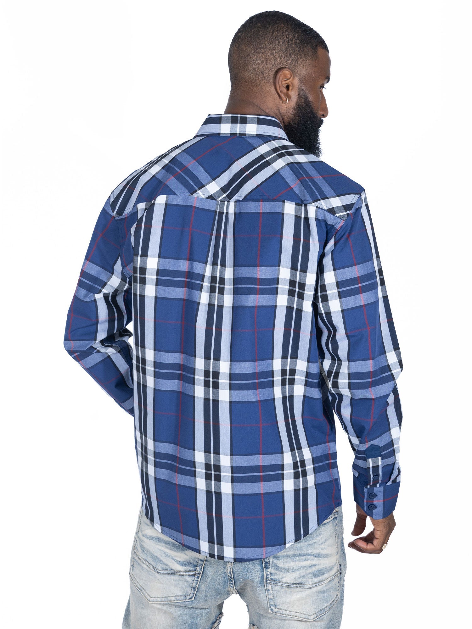 TEEK - V1826 Brandon Long sleeves Plaid Shirt - Navy TOPS TEEK MJ