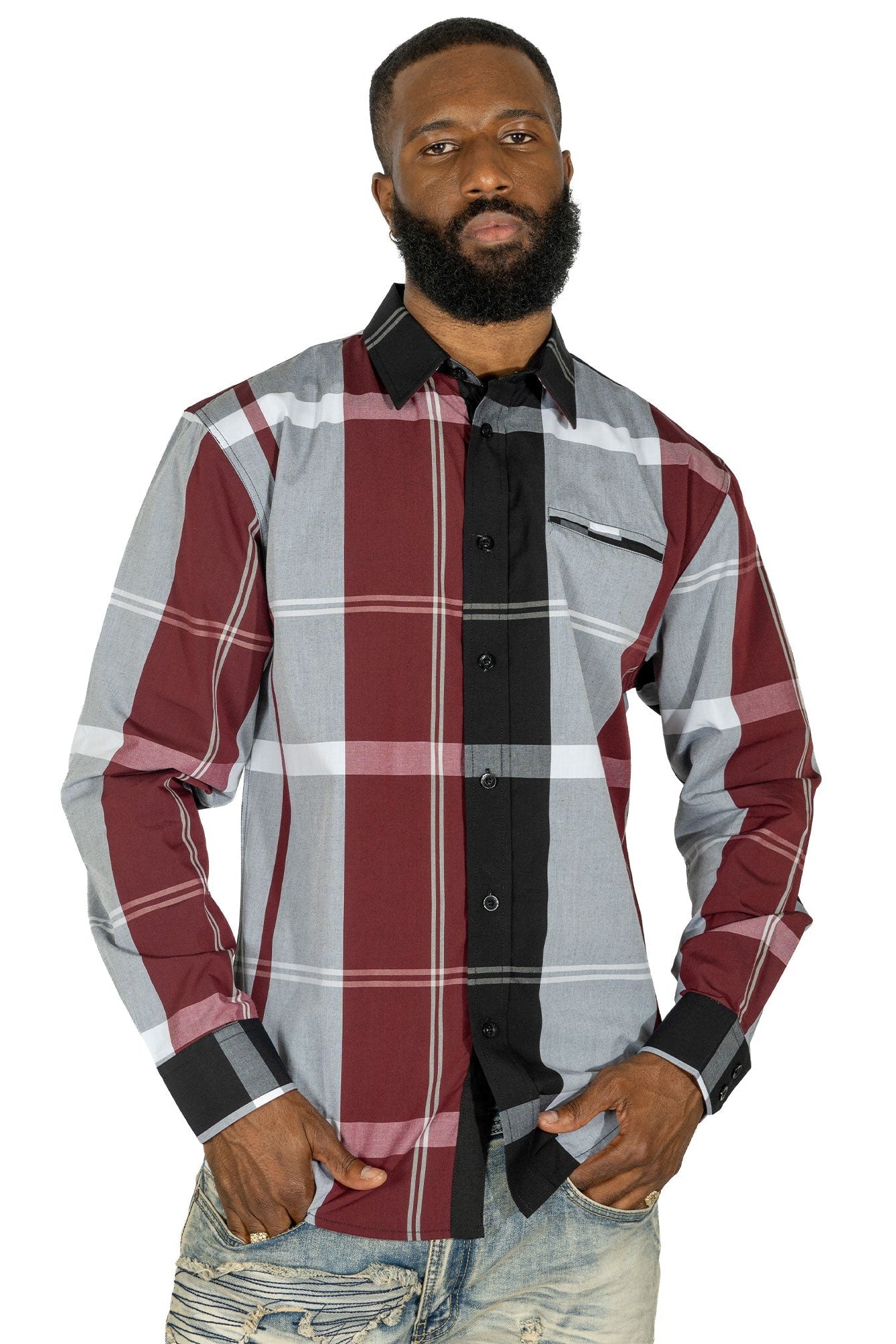 TEEK - V1829 Colton Long Sleeves Plaid Shirt - Burgundy TOPS TEEK MJ