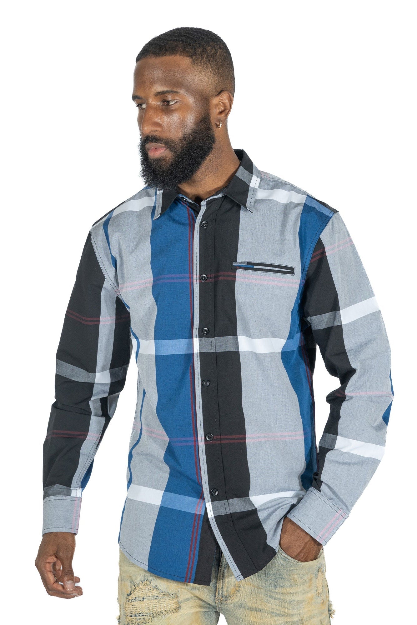TEEK - V1829 Colton Long Sleeves Plaid Shirt - Royal TOPS TEEK MJ