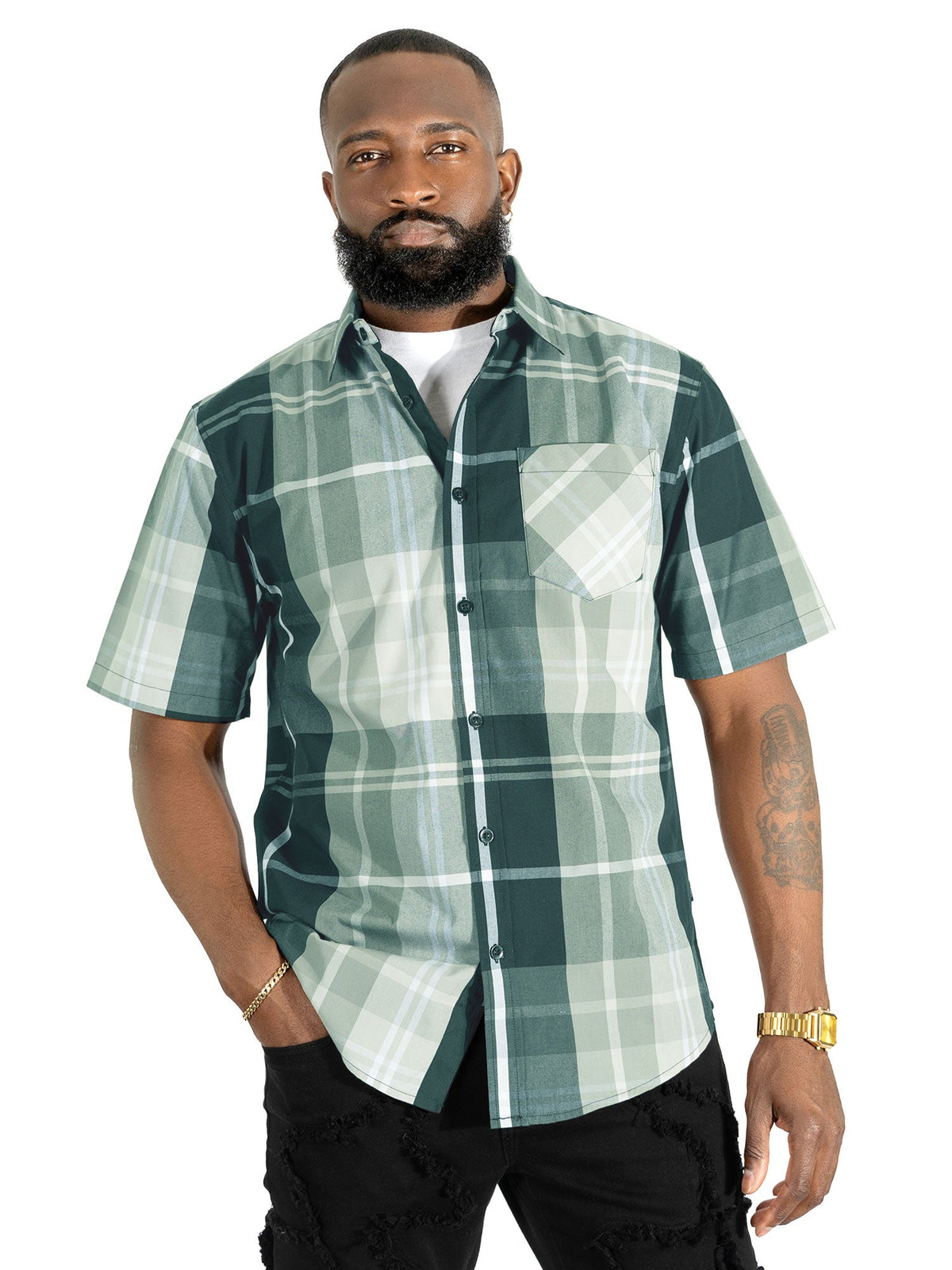 V832 Leon Plaid Shirt - Black Button Down Makobi Jeans USA