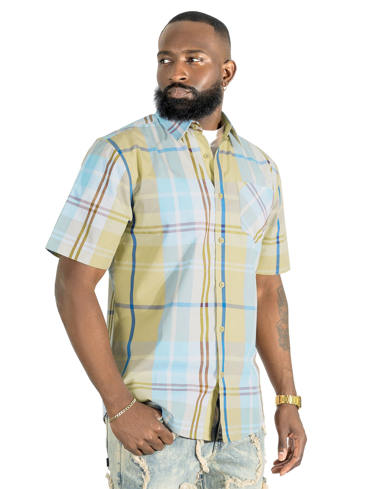 V832 Leon Plaid Shirt - Khaki Button Down Makobi Jeans USA
