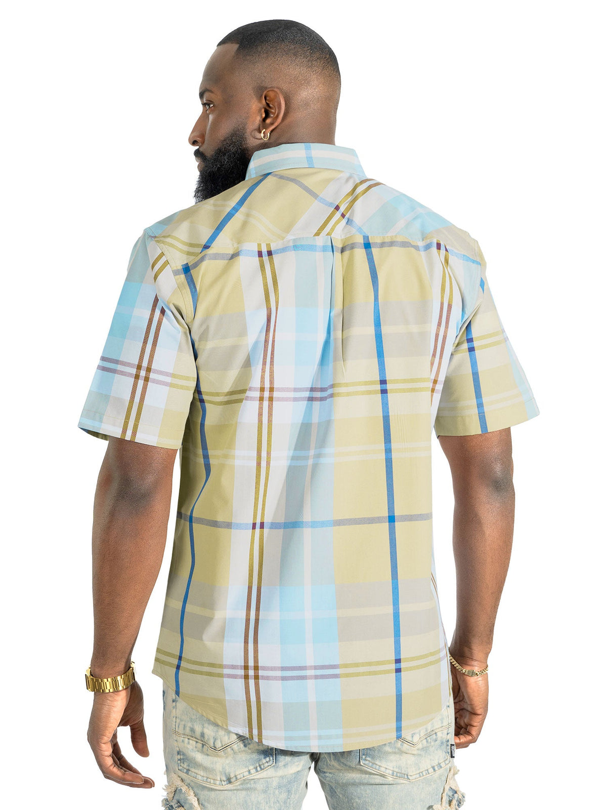 V832 Leon Plaid Shirt - Khaki Button Down Makobi Jeans USA