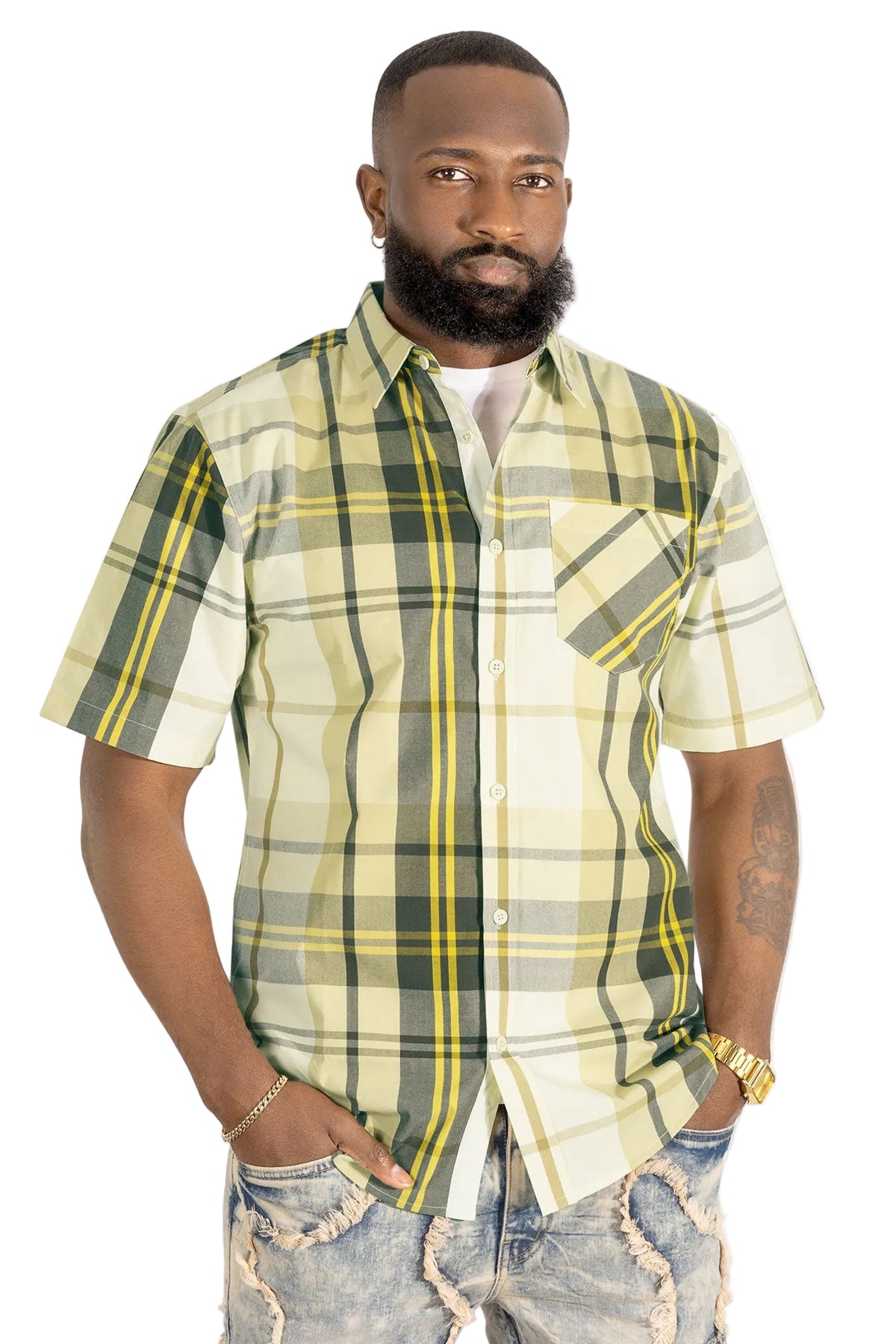 V832 Leon Plaid Shirt - Natural Button Down Makobi Jeans USA