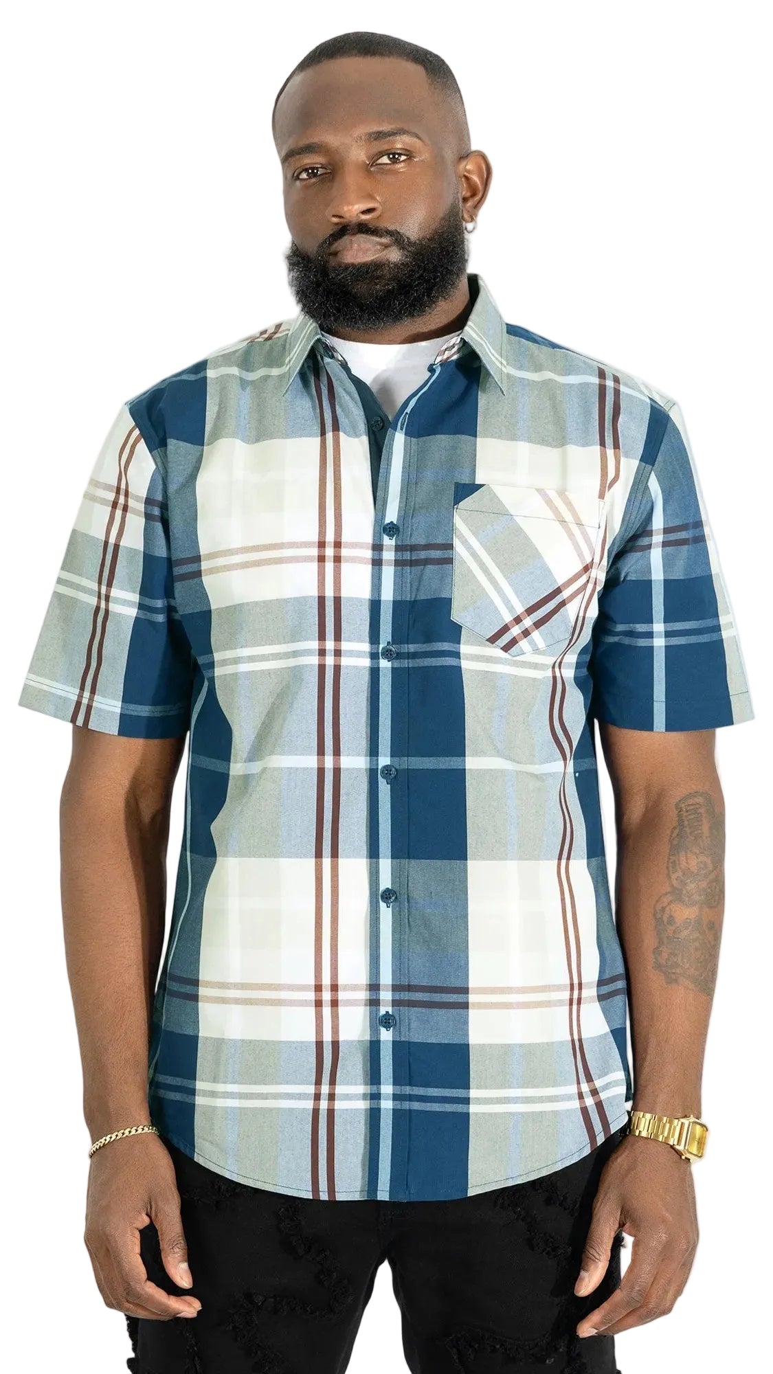 V832 Leon Plaid Shirt - Navy Button Down Makobi Jeans USA