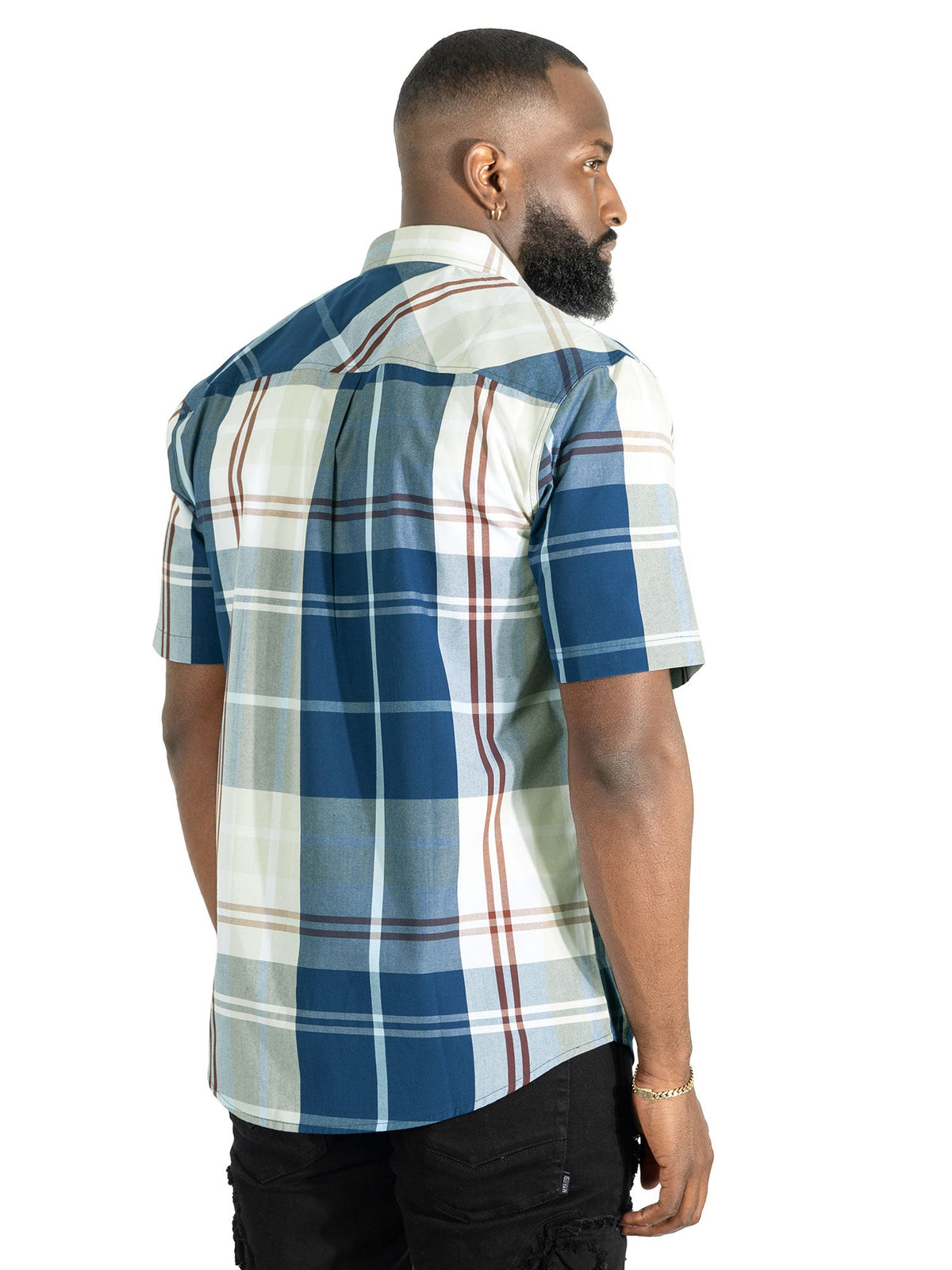 V832 Leon Plaid Shirt - Navy Button Down Makobi Jeans USA