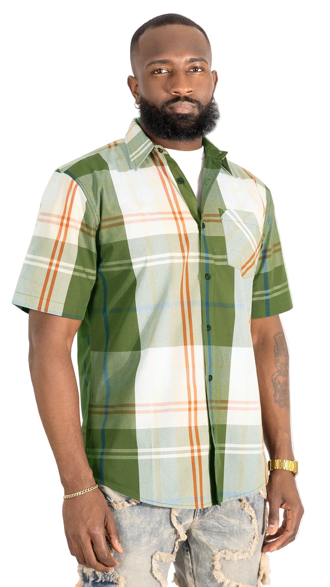 V832 Leon Plaid Shirt - Olive Button Down Makobi Jeans USA