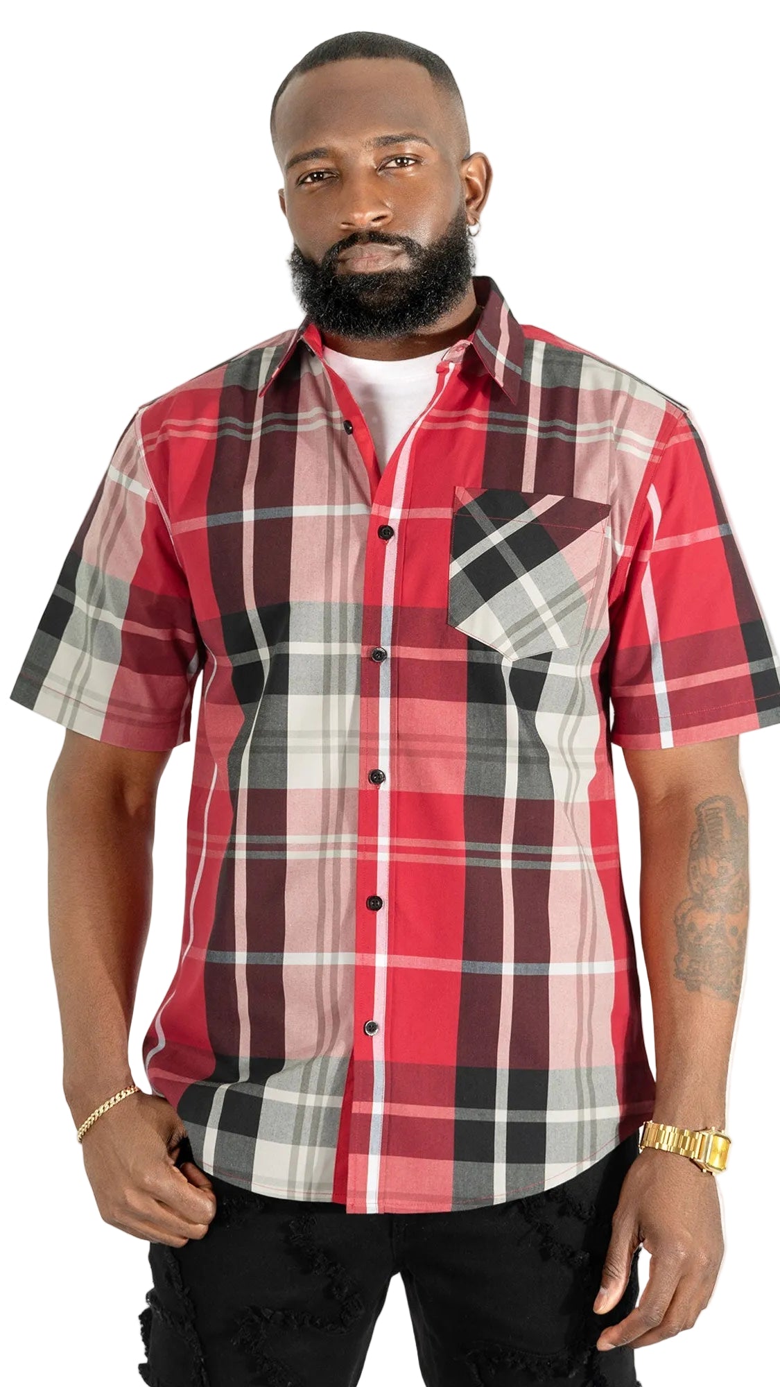 V832 Leon Plaid Shirt - Red Button Down Makobi Jeans USA
