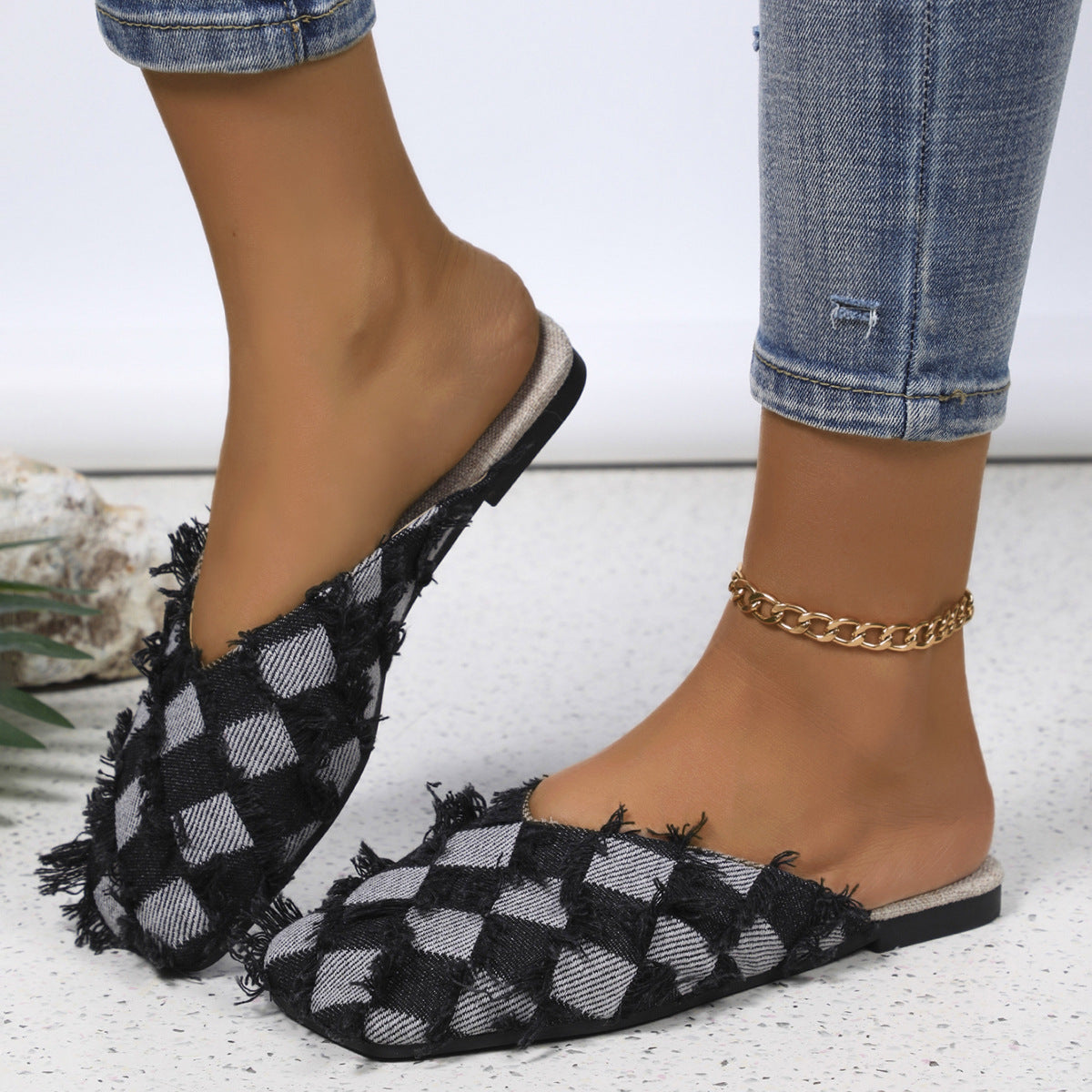 TEEK - Plaid Square Toe Flat Slippers SHOES TEEK Trend   