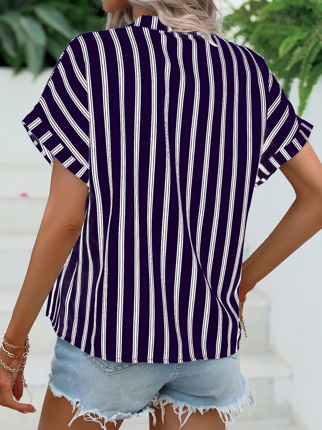 TEEK - Striped Button Notched Short Sleeve Blouse TOPS TEEK Trend   