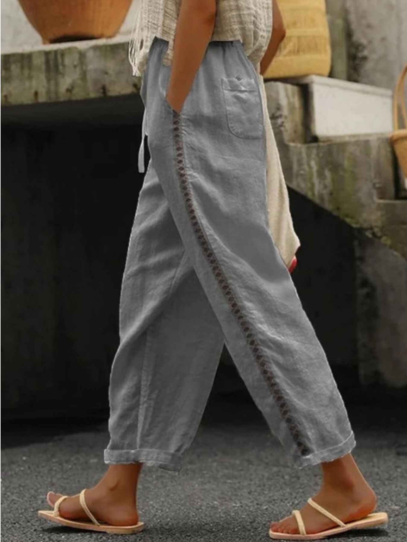 Hollow Out Trim Cropped Pants Trendsi Grey S
