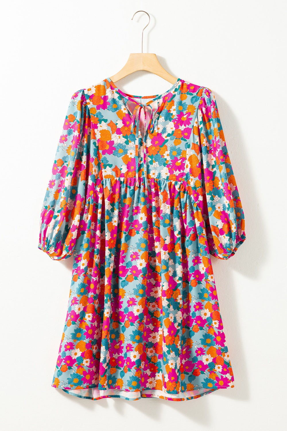 TEEK - Floral Tie Neck Puff Sleeve Dress DRESS TEEK Trend   