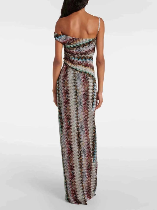 TEEK - One-Shoulder Zigzag Knit Maxi Dress DRESS TEEK Trend