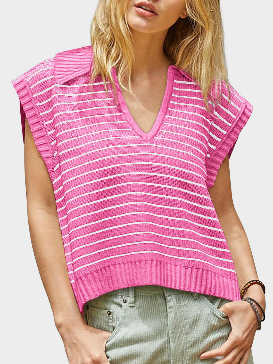 TEEK - Mandy Collared Neck Striped Sweater Vest TOPS TEEK Trend