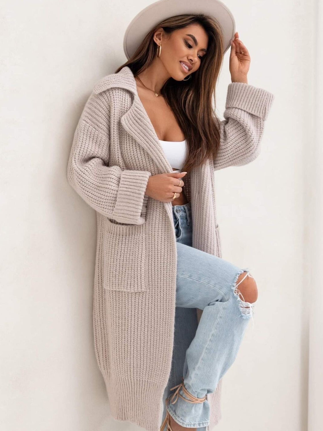 TEEK - Pocketed Collared Neck Dropped Shoulder Cardigan SWEATER TEEK Trend Dust Storm One Size