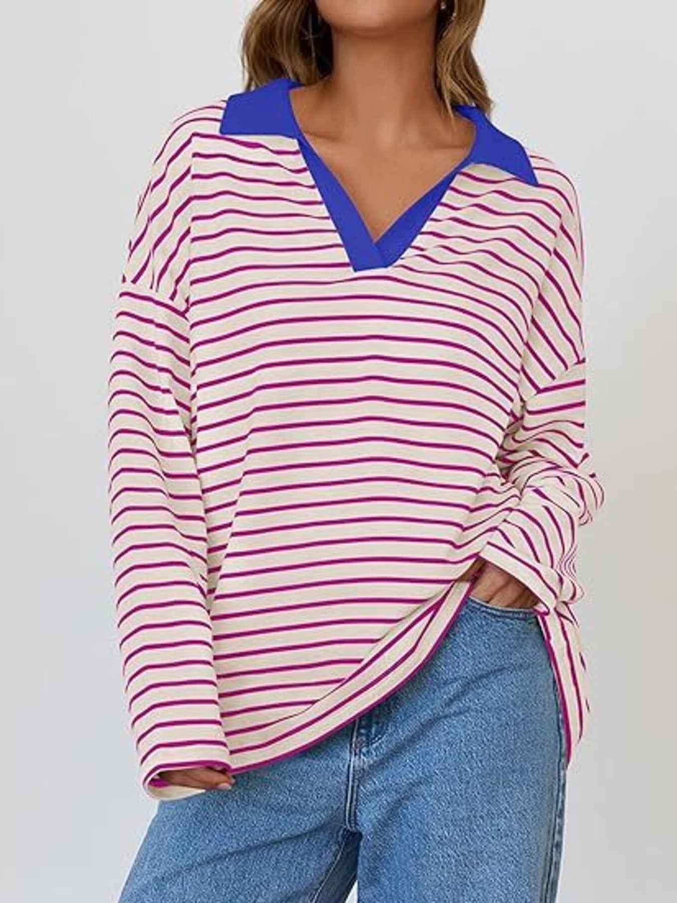 Striped Contrast Collar Long Sleeve Top Trendsi Rose Red S