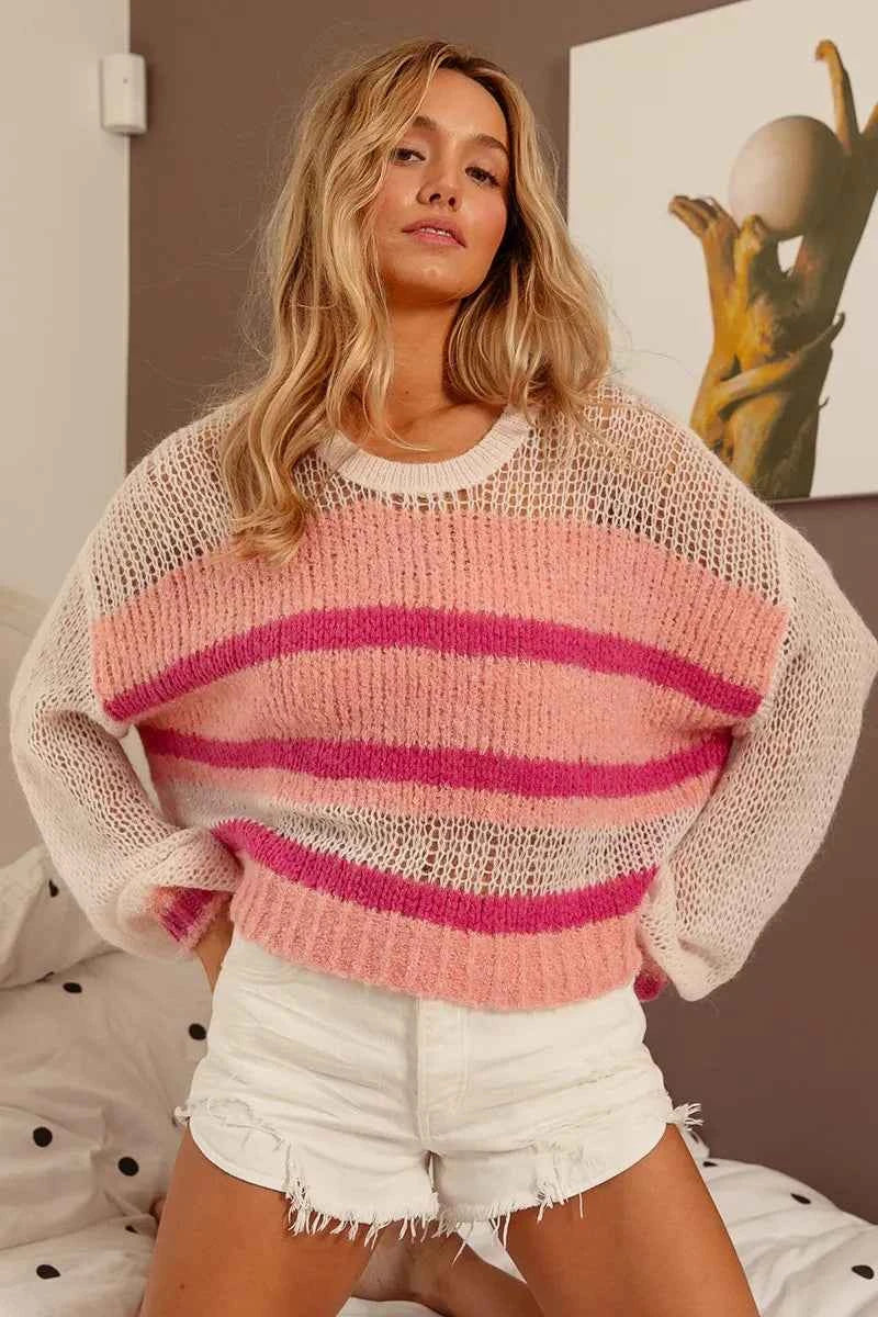 BiBi Hollow Out Yoke Detail Striped Sweater Trendsi