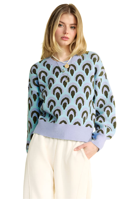 TEEK - Pastel Blue Scale Jacquard Drop Shoulder Sweater TOPS TEEK Trend S