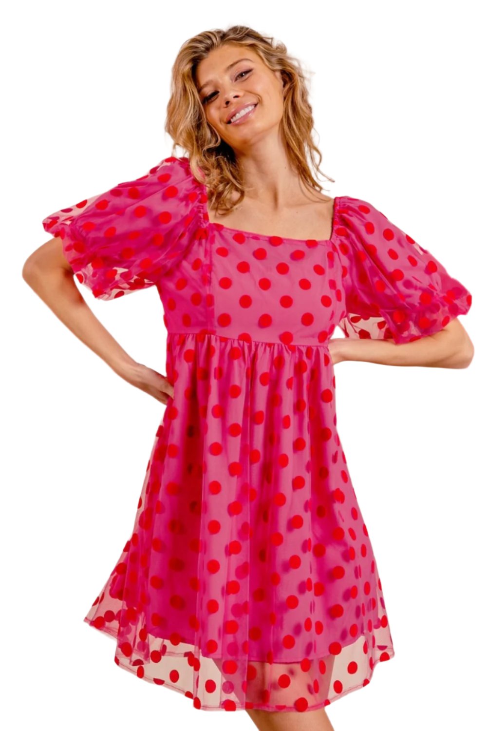 TEEK - Fuchsia Polka Dot Mesh Puff Sleeve Dress DRESS TEEK Trend   